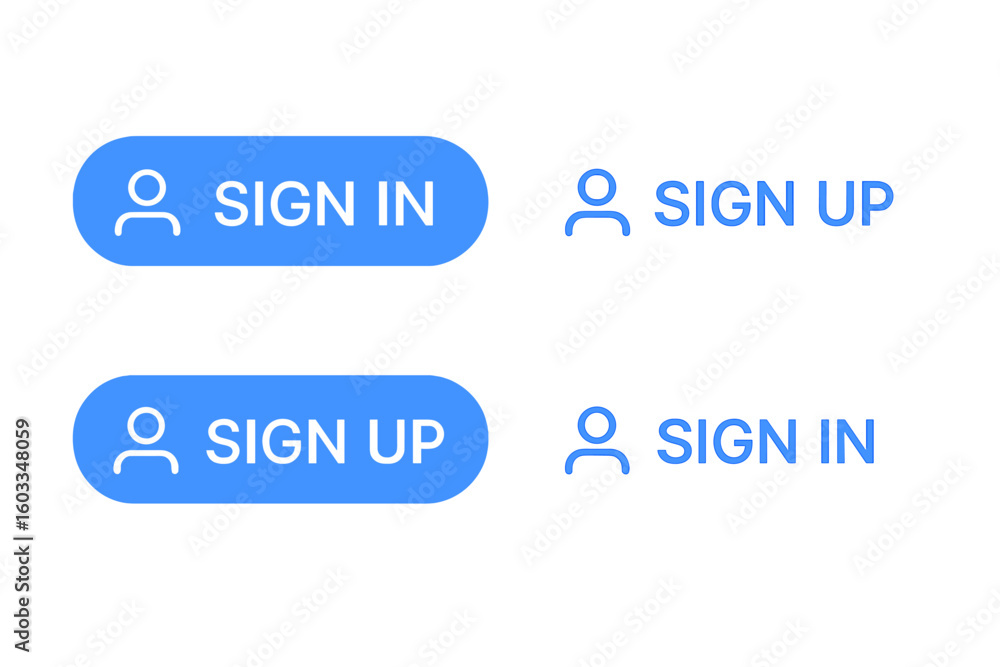 Poster Sign in and sign up web buttons set. User interface elements for website and mobile app. Login and registration CTA buttons. Vector illustration in flat design style.