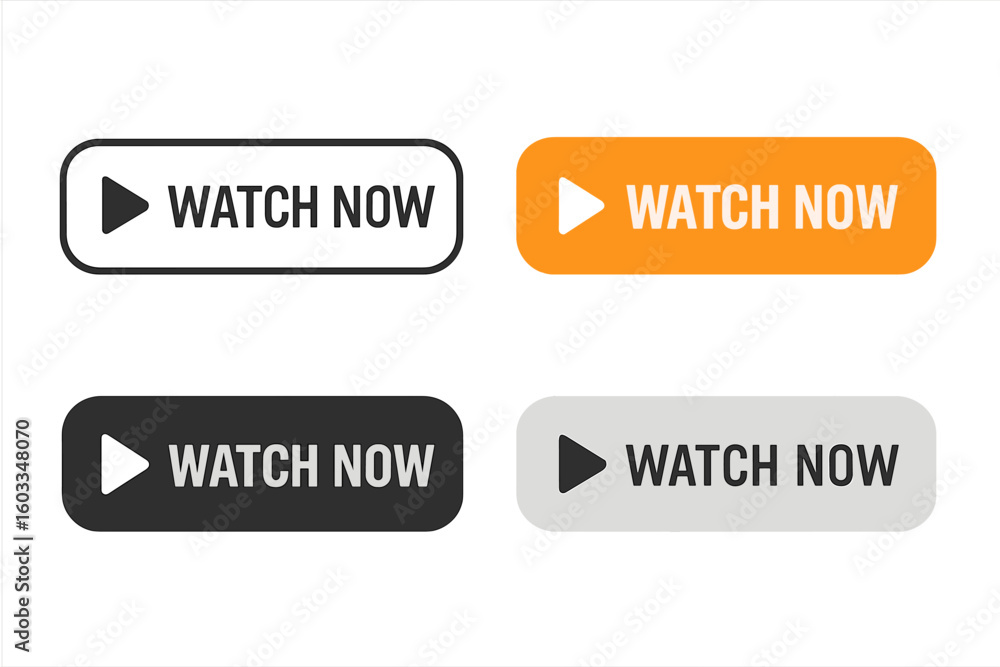 Poster watch now button set for web interface. play video icon collection. modern flat design for online st