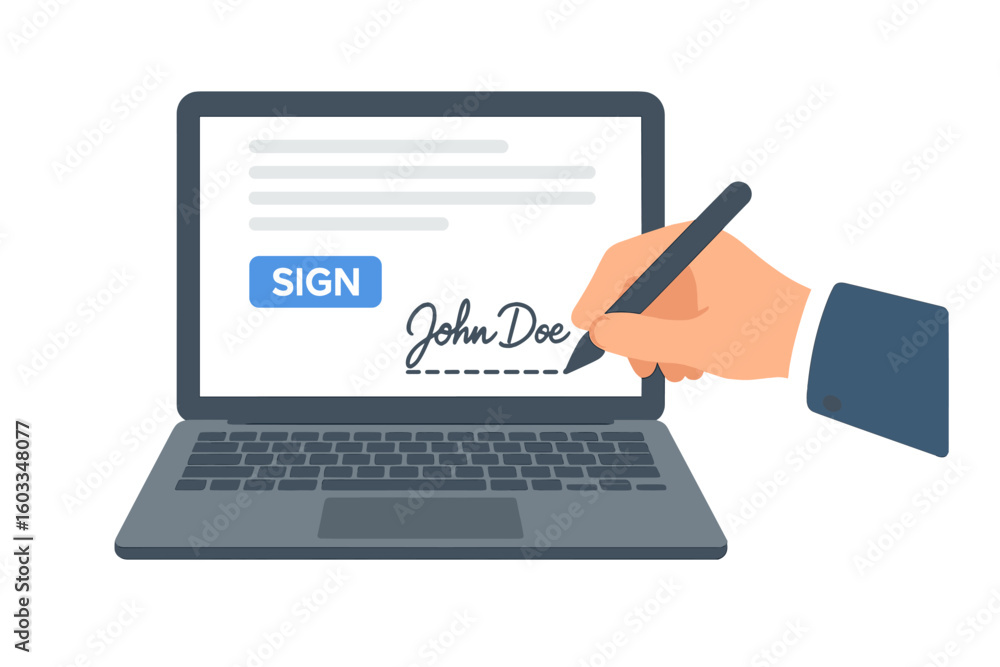 Poster electronic signature concept. man hand with pen signing a digital smart contract on a laptop screen.