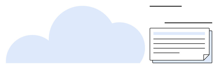 Blue cloud with digital documents and lines symbolizing data flow and file organization. Ideal for technology, data sharing, document management, efficiency, teamwork, cloud computing, simple flat