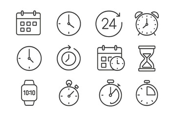 Thin line icons set of time management, 24 hour clock, deadline alarm, calendar, clock, date, timer, sand hourglass, digital smartwatch, stopwatch, punctuality concepts
