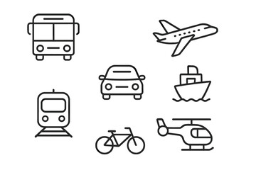Linear Outline Transport Icons Set. Public Transport, Car, Bus, Bicycle, Train, Ship, Airplane, Helicopter. Minimal Modern Line Style Travel and Vehicle Symbol Pack for Web, App, Delivery, Navigation