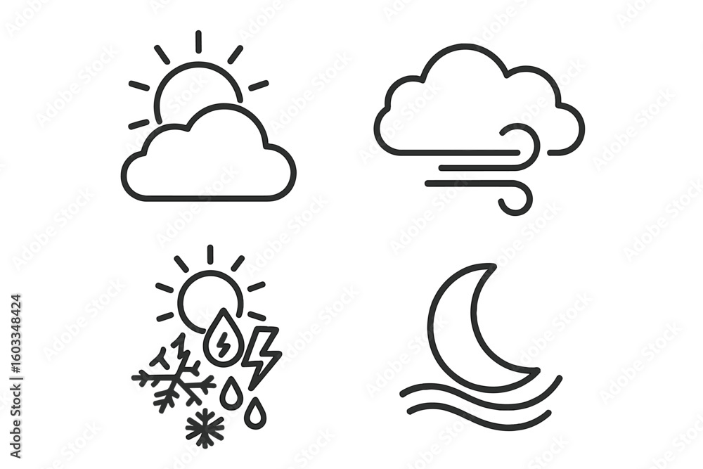 Poster minimalist weather forecast line icons set. sun, cloud, wind, rain, snow, thunderstorm, day and nigh