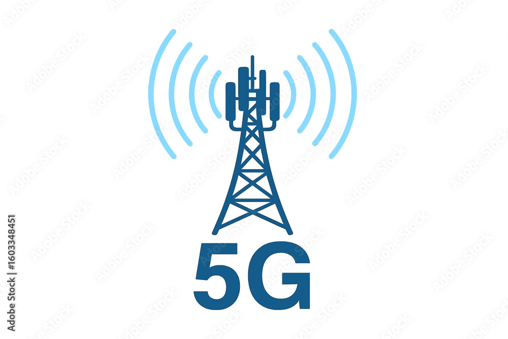 Poster 5g network technology icon. communication tower with antenna broadcasting a signal. wireless high sp