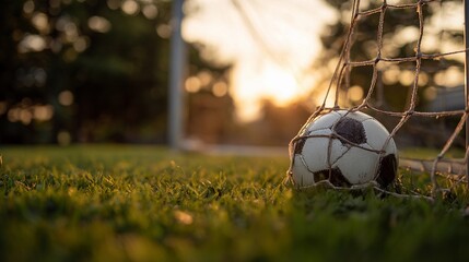 Soccer ball resting in the net during sunset on a grassy field