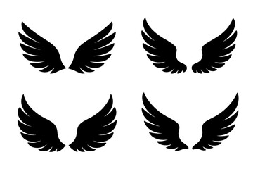 Fototapeta premium Black Wings Icon Set – Collection of 4 Distinct Silhouette Wing Designs, Angel and Bird Wing Elements, Elegant Feathered Vector Illustrations for Logos, Tattoo, Fantasy, Badge, and Decorative Uses