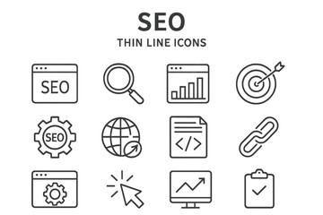 SEO thin line icon set. Search engine optimization symbols. Digital marketing, analysis, traffic, ranking, keyword research, and strategy signs. Vector illustration collection.