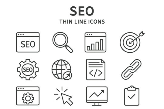 SEO thin line icon set. Search engine optimization symbols. Digital marketing, analysis, traffic, ranking, keyword research, and strategy signs. Vector illustration collection.