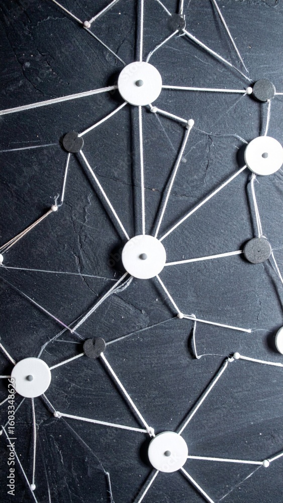 Poster interconnected nodes with geometric lines and dots on a textured black surface
