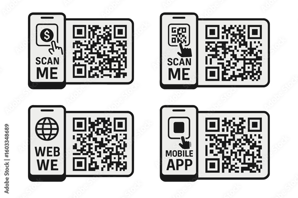 Aufkleber qr code scan icon set. phone scanning for mobile payment, website link, and app download. contactles