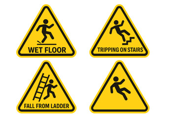 Set of 4 Yellow Caution Warning Signs with Falling Person Symbol. Wet Floor, Tripping on Stairs, Falling from Ladder, Slipping Hazard. Workplace Accident Prevention, Safety Icons Vector