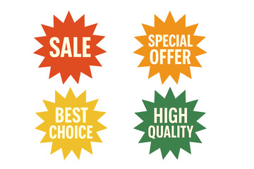 Set of 4 Sale Stickers and Price Tag Badges with Starburst, Sunburst, Retro Quality Marks, Attention Grabber Speech Bubbles, Flat Vector Design Elements for Marketing
