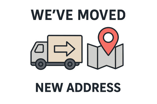 Business relocation announcement with moving truck and GPS map pointer, change of address, geotag navigation, moving notification vector illustration for corporate communication