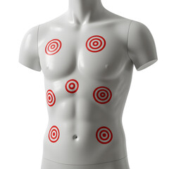 3D Male Mannequin Torso Targeted with Red Bullseye Marks at png bg 