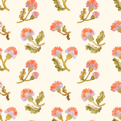 Seamless botanical pattern with stylized flowers. Watercolor and pencil texture. Warm earthy palette. Decorative hand-drawn floral elements.