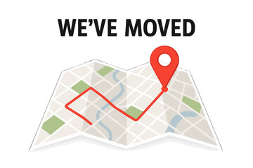 Office Relocation Map Pin Banner. We’ve Moved Notice. Folded City Map Navigation with Route and Location Marker. Address Change Announcement. Moving Office Concept. New Location GPS Pointer Symbol.
