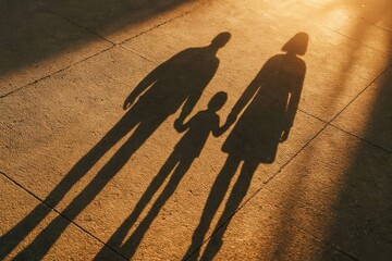 Family shadows holding hands on sunlit pavement at sunset