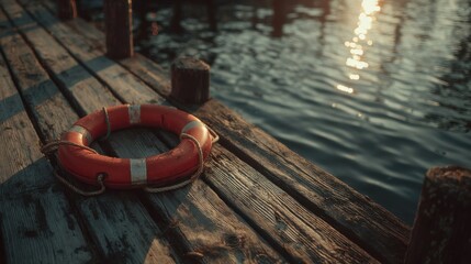Lifebuoy tied to dock, calm pool water reflecting early sunlight 