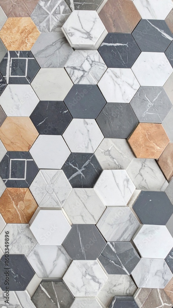 Poster hexagon tile pattern with marble texture and geometric design elements