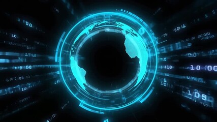 Futuristic blue data stream visualization with digital globe and binary code - Powered by Adobe