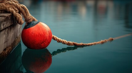 Red buoy anchored to a rope in calm marina waters