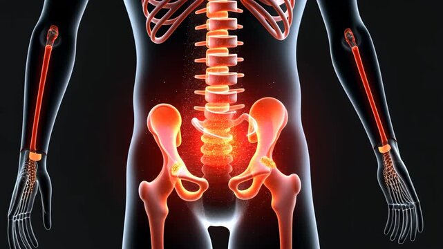 pain hip, joint inflammation, arthritis symptoms. Osteoarthritis diagnosis. Pelvis discomfort increases with movement. Bone structure reveals joint degradation. Hip flexibility decreases with age.
