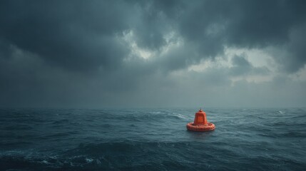 Safety buoy floating alone under cloudy sky in vast ocean