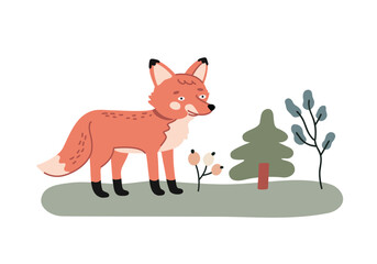 illustration of a cartoon fox standing in front of a simple forest with a small tree and berry bush. Great for nature themed designs for kids
