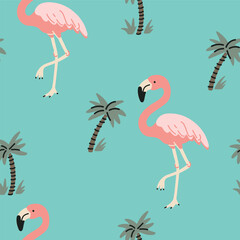 Tropical seamless pattern with pink flamingos and palm trees on a turquoise background. Ideal for fabrics, wallpapers and summer designs. Vector flat style.