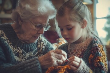 Elderly woman teaching a little girl how to knit, passing down traditional skills and creating a heartwarming moment