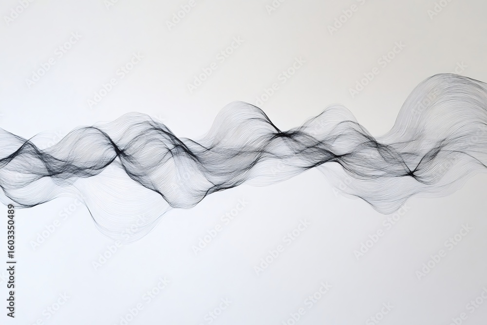 Poster minimalist black and white abstract illustration featuring a continuous wave formed by thin lines, c
