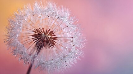 Dandelion seed head covered in dew against a soft pastel background at dawn showcasing nature's delicate beauty