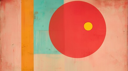 Abstract geometric composition with bold red circle on textured pastel wall