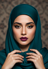 A captivating portrait of a woman wearing a teal hijab, showcasing exquisite makeup and a serene expression.