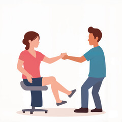 Young woman and man shaking hands while sitting and standing indoors  
