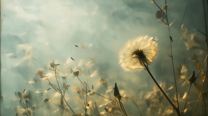 Backlit dandelion seed head with flying seeds and soft teal bokeh