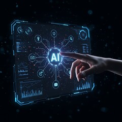 Human hand touching a futuristic digital neon Ai words on black background 