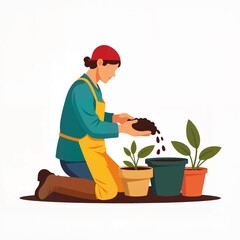 Gardener planting soil in pots while kneeling on the ground  