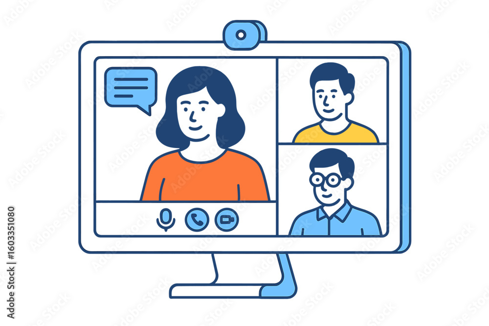 Poster online meeting with team members discussing project updates from home office in modern workspace
