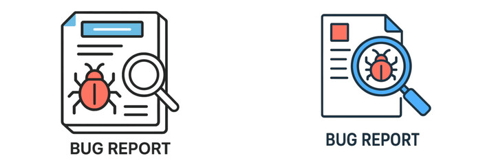 Illustration showing two different bug report documents with a magnifying glass and a bug icon