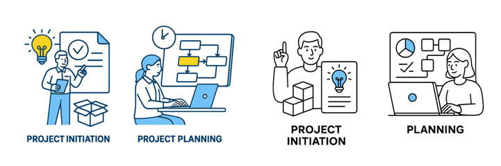 Process of project initiation and planning illustrated with engaging icons on a bright background