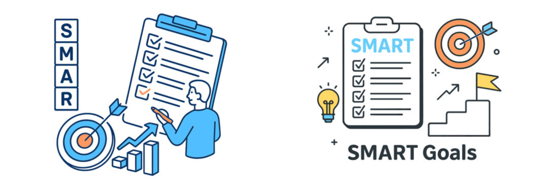 Creating effective SMART goals for personal and professional development with visual aids and checklists