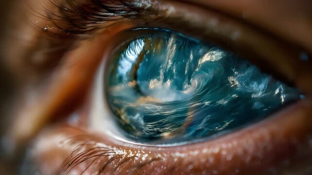 Close-up of a human eye reflecting a barreling ocean wave. Static camera. 4K.
