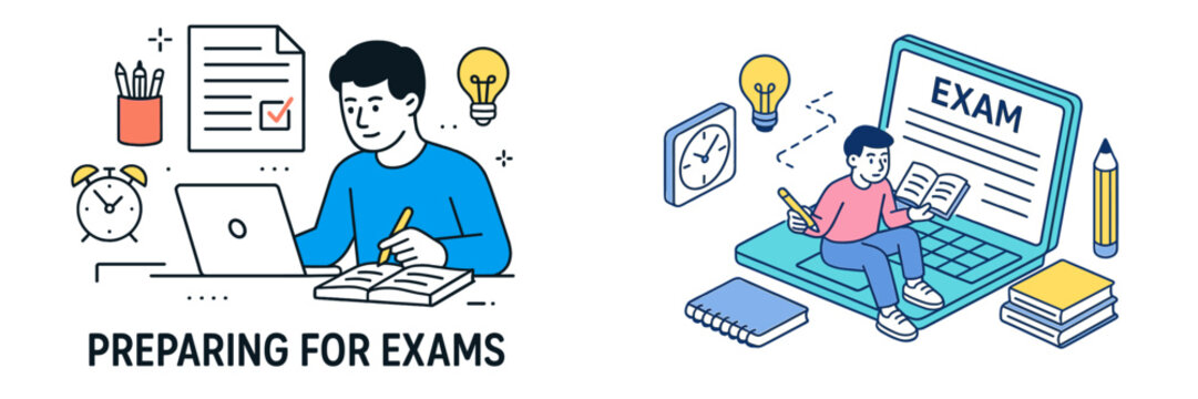 Students studying for exams in a cozy environment with tools and materials on a desk