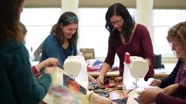 Women quilting together
