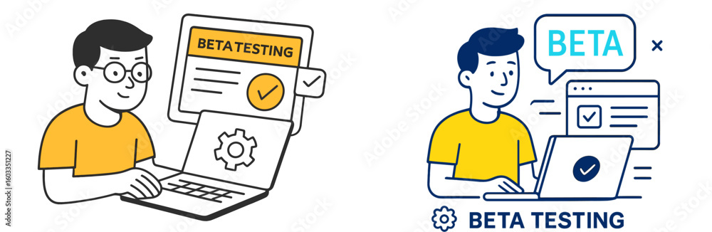Poster engaging in beta testing on a laptop for software development and user feedback in a digital setting