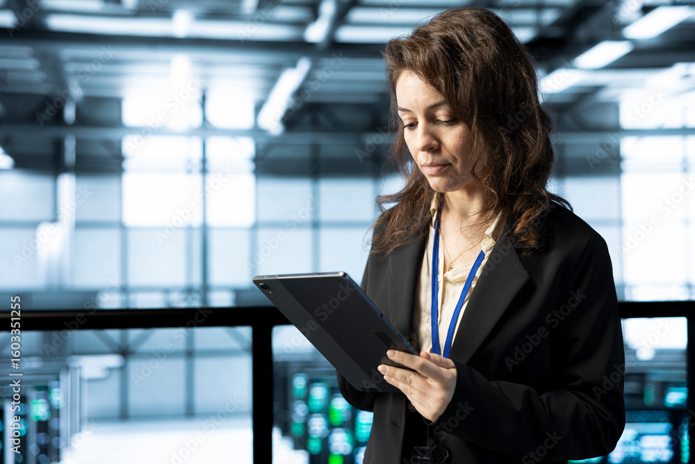 Poster technician in data center using tablet, integrating green technologies, implementing sustainable ene