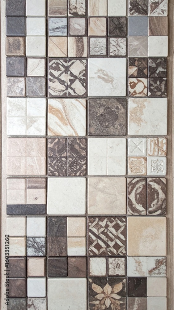 Poster assorted square tiles in earthy tones featuring various patterns and textures
