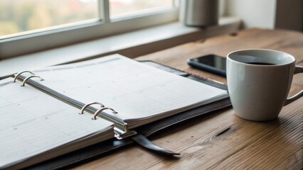 Binder and Coffee Cup on Wooden Table by a Bright Window