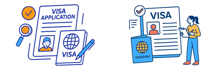 Visa application process illustrating documents and a person reviewing requirements
